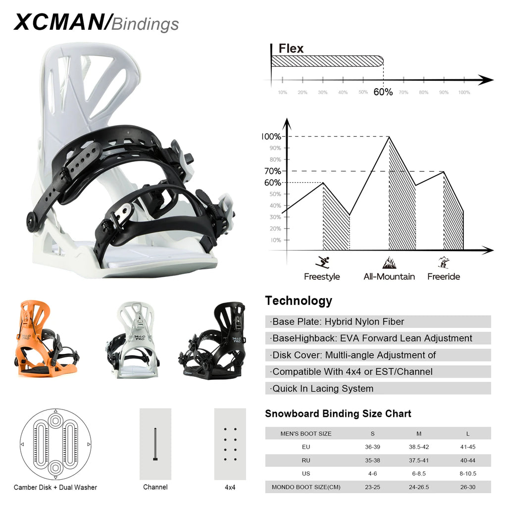 Fijaciones de Snowboard XCMAN All Mountain Freeriding Quick, Alta Flexibilidad, Compatibles con 4x4 o EST/Channel
