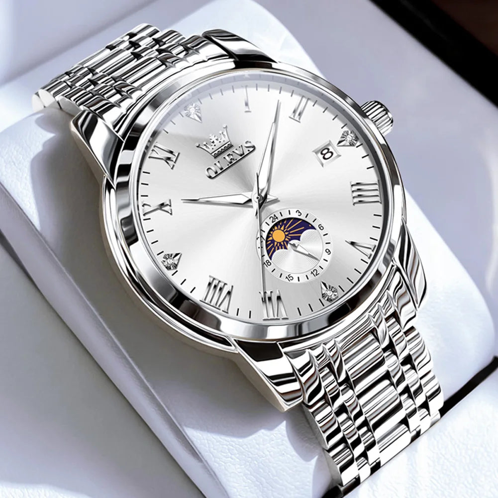 Reloj de hombre OLEVS 3656 de marca, reloj de cuarzo original a la moda para hombre, reloj de pulsera luminoso de acero inoxidable resistente al agua con fase lunar