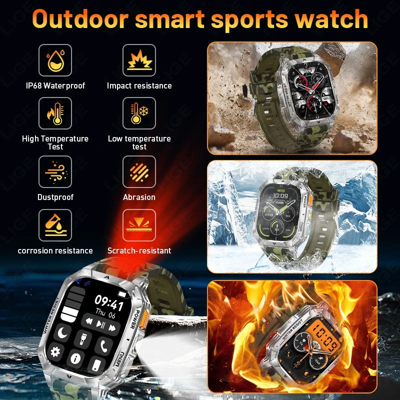 Reloj inteligente militar LIGE de 1400 mAh con batería de larga duración, pantalla HD de 2.01", linterna LED y luz SOS, llamadas BT y monitor de salud para hombre