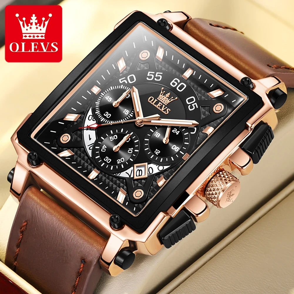 Reloj de cuarzo cuadrado para hombre OLEVS, reloj de negocios multifuncional, resistente al agua, luminoso, con correa de piel, caja de regalo 9919