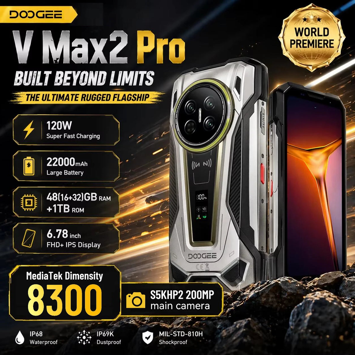 Smartphone resistente DOOGEE V Max 2 Pro 5G, estreno mundial, pantalla de 6,78", 48 GB (16+32) de RAM + 1 TB de ROM, gran batería de 22000 mAh, Android 16, luces de camping duales, altavoces duales, carga superrápida de 120 W