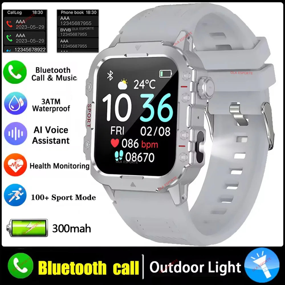 Reloj inteligente militar para hombre 2026, IP67 3ATM, rastreador de ejercicios deportivos al aire libre, monitor de salud de presión arterial, llamadas BT, reloj inteligente con GPS