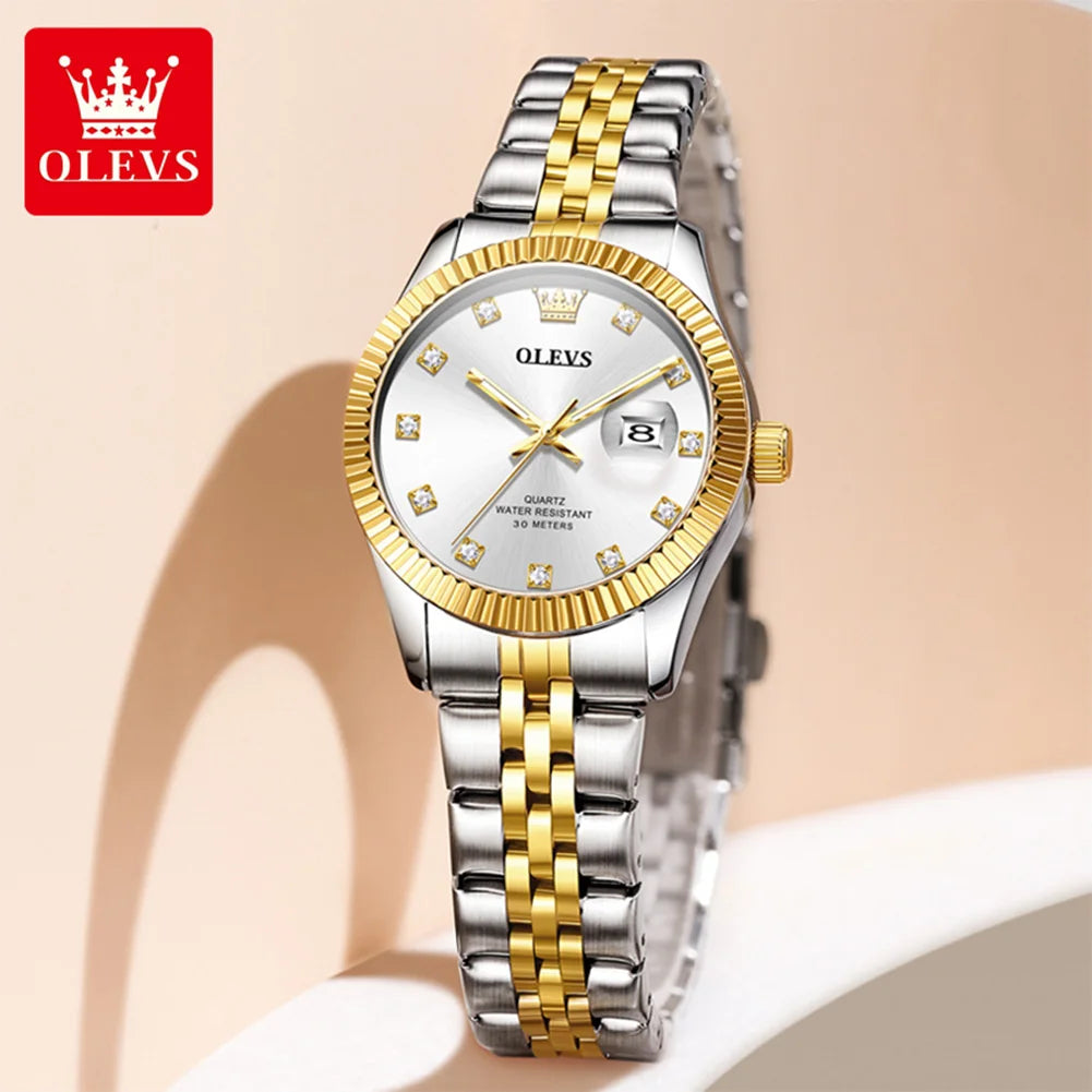 Reloj de mujer OLEVS 3705, resistente al agua 30M, reloj de cuarzo con fecha para mujer, espejo de alta dureza, escala de diamantes, reloj de lujo para dama