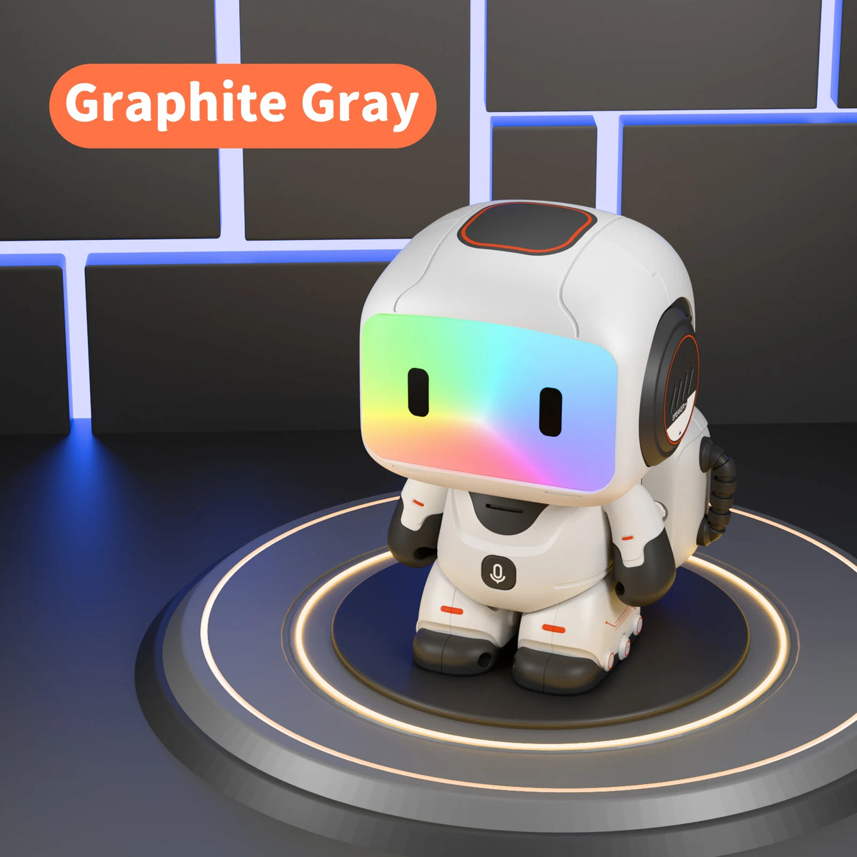 Robot juguete interactivo blanco con detalles grises y pantalla LED multicolor en base
