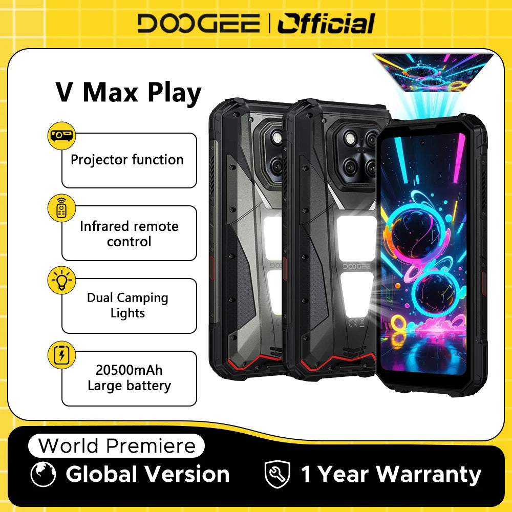 Estreno mundial del smartphone ultra resistente DOOGEE V Max Play 5G con proyector, 20500mAh, luces de camping duales, Dimensity 7300, 16GB+512GB y NFC