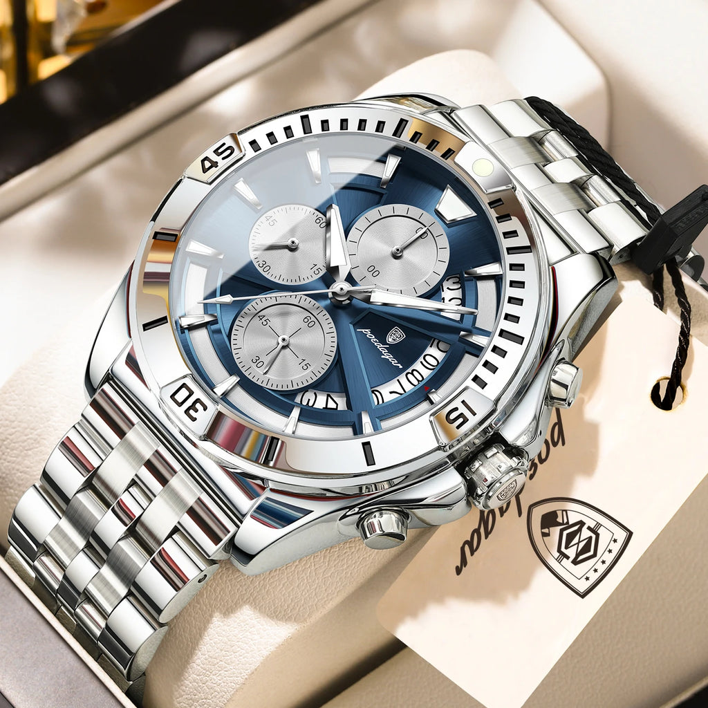POEDAGAR Fashion Man Wristwatch Luminous Waterproof Stainless Steel Men Watch Date Chronograph Quartz Sports Men's Watches Reloj