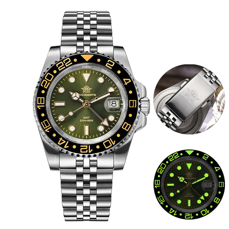 Reloj ADDIESDIVE AD2050 de lujo con GMT, acero inoxidable, súper luminoso, resistencia al agua de 20 bares, reloj de cuarzo para hombre con bisel de cerámica