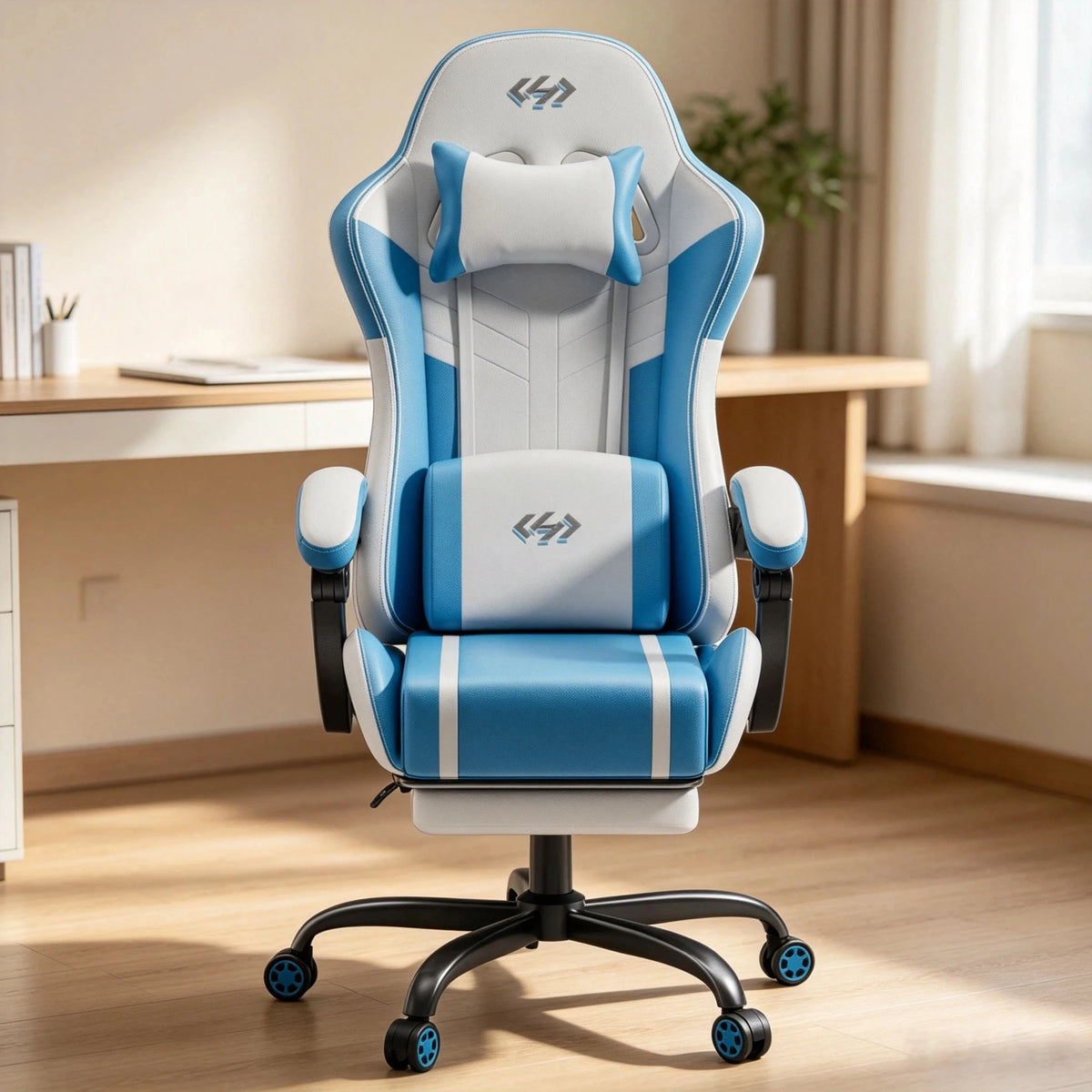 Silla gaming ergonómica azul y blanca con reposacabezas, soporte lumbar y base giratoria