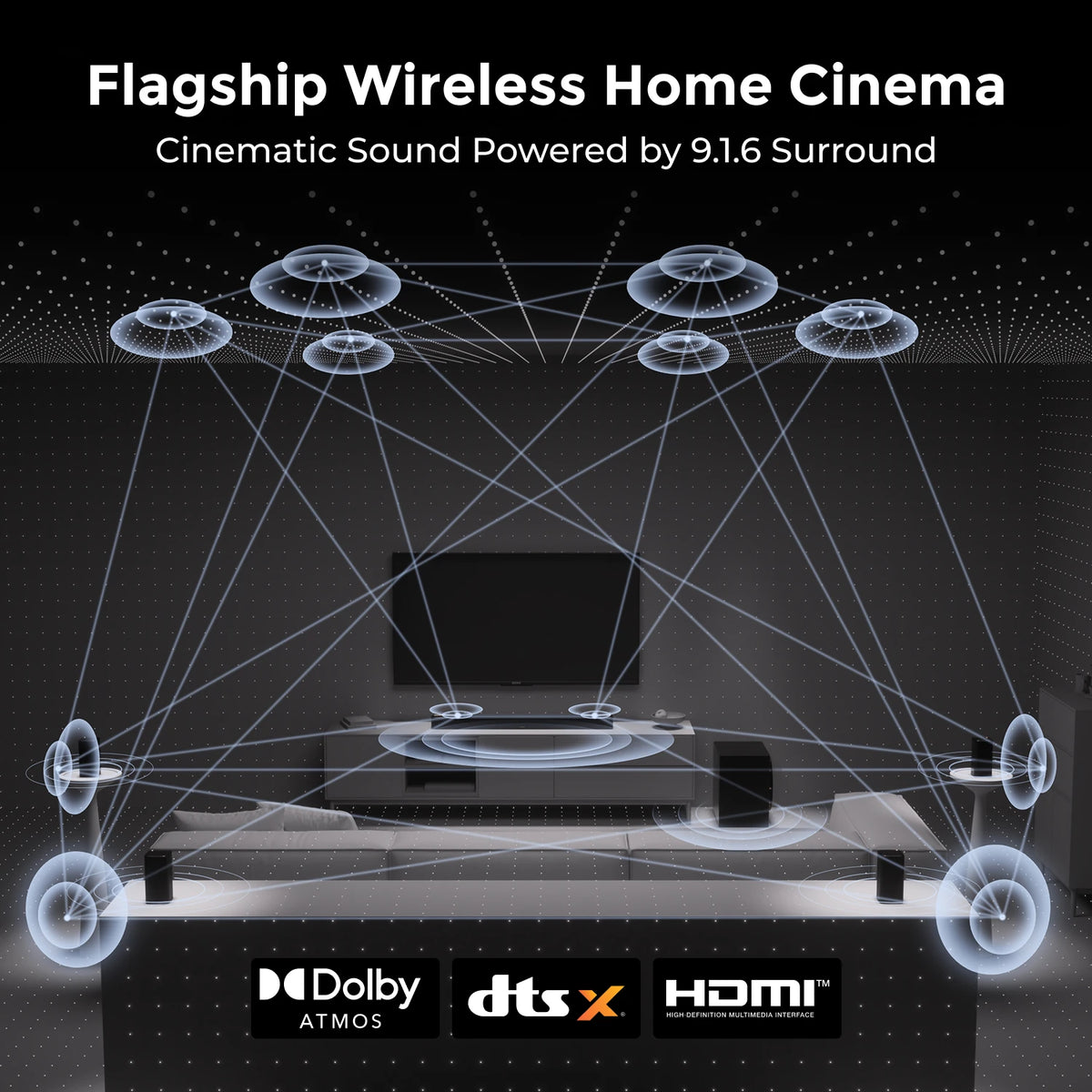 Barra de sonido y subwoofer negros con satélites inalámbricos para cine en casa.