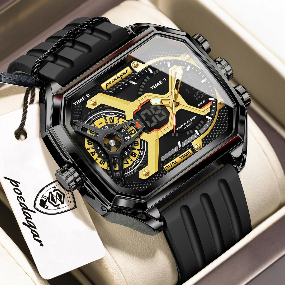 Reloj de pulsera deportivo de cuarzo para hombre POEDAGAR, moda, fecha, semana, luminoso, LED digital, reloj electrónico para hombre, hora dual, relojes casuales para hombre