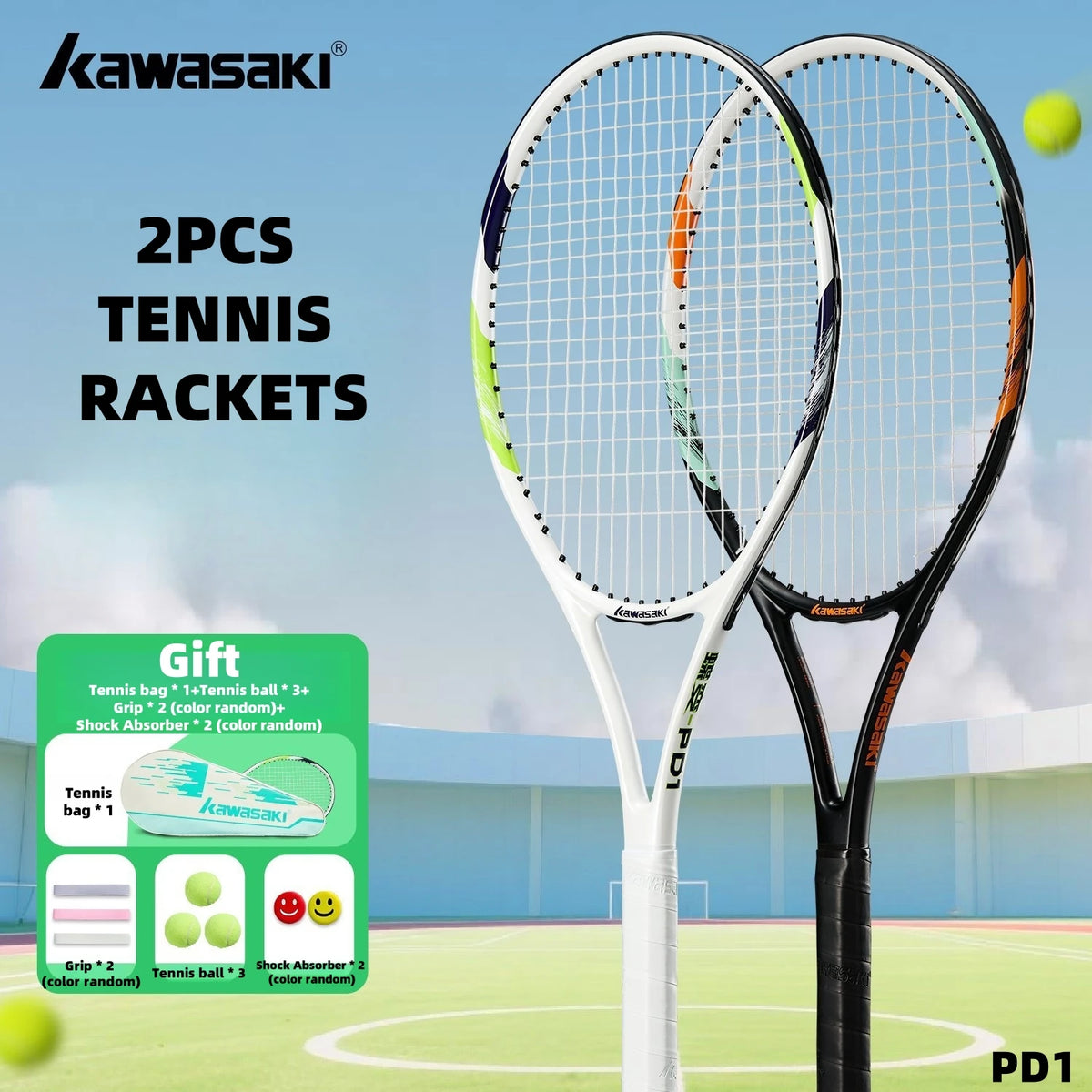 Juego de raquetas de tenis ligeras Kawasaki, juego de raquetas compuestas de carbono KD1 y PD1, juego de entrenamiento profesional para principiantes para hombres y mujeres