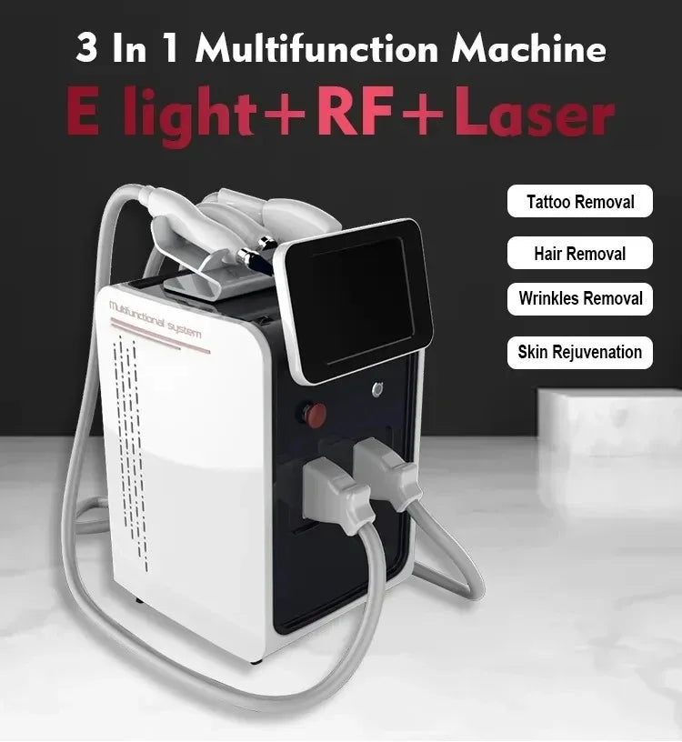 Máquina de Belleza Multifuncional 3 en 1 OPT IPL RF Nd Yag Láser, Funciones de Depilación sin Dolor, Eliminación de Tatuajes, Eliminación de Pecas y Manchas