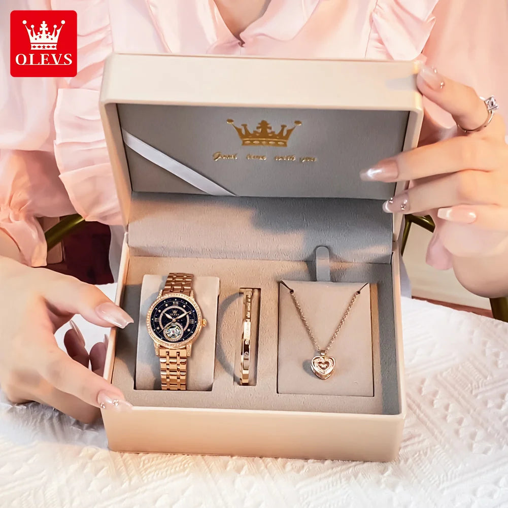 Reloj mecánico automático OLEVS 7036 para dama, esfera con diamantes, diseño de volante, marca TOP, elegante reloj para mujer, nueva tendencia