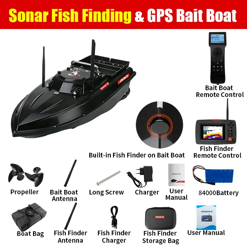 JS90S GPS Bait Boat 280m/1 Minute 100 Fishing Spots Load 3KG Built in Fish Detector Automatic Cruise Return 3-speed Adjustment