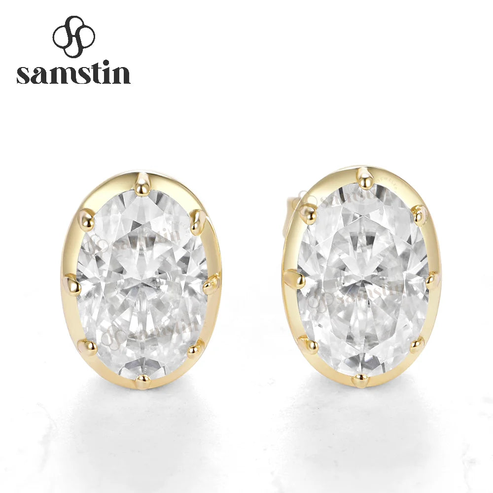 Pendientes Ovalados Personalizados Samstin con Diamantes Cultivados en Laboratorio IGI de 4CTW para Mujeres y Hombres, Oro Amarillo Sólido de 14K 10K 585 para Regalos de Navidad