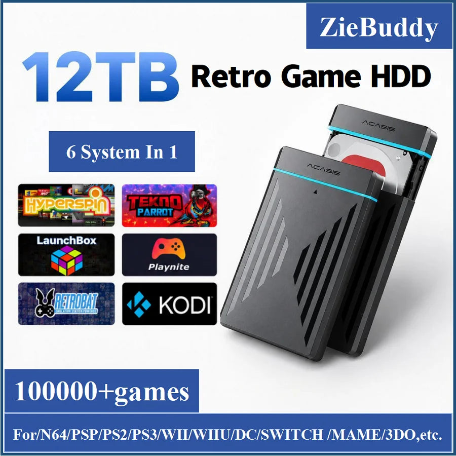 Disco duro retro de 12TB con más de 100,000 juegos retro para Hyperspin, Launchbox y Retrobat, compatible con PSP, PS3, PS2, Switch, Plug & Play, excelente regalo.