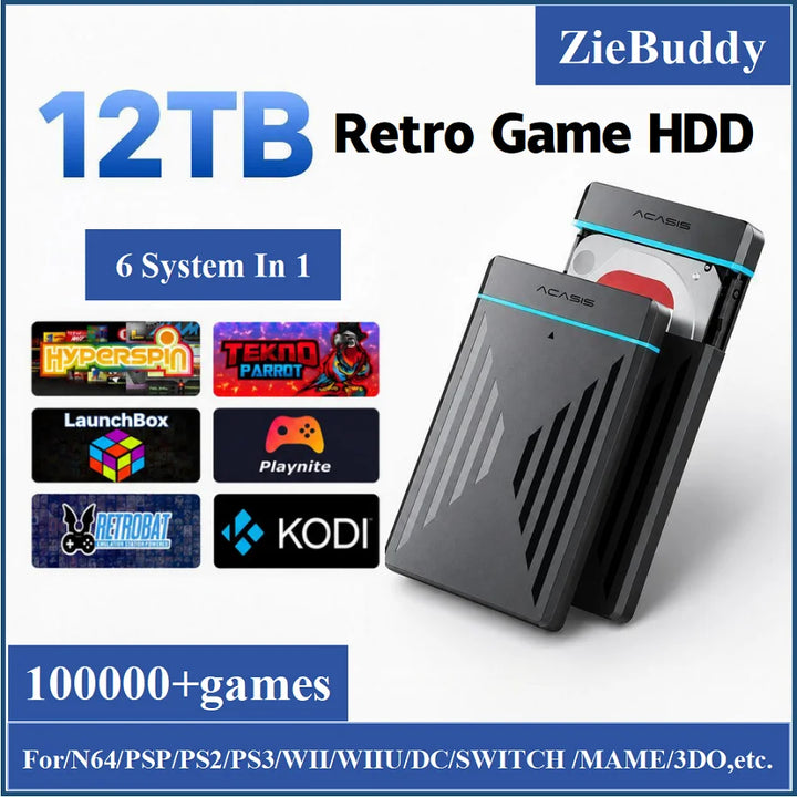 Disco duro retro de 12TB con más de 100,000 juegos retro para Hyperspin, Launchbox y Retrobat, compatible con PSP, PS3, PS2, Switch, Plug &amp; Play, excelente regalo.
