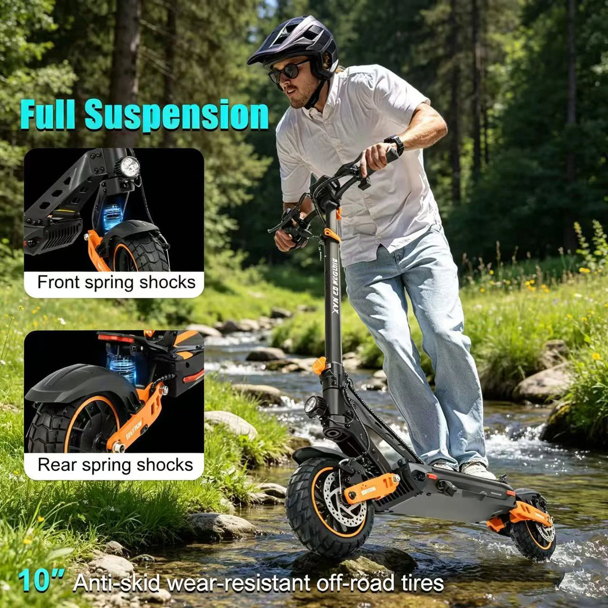 Patinete eléctrico con suspensión total y amortiguadores; neumáticos todoterreno de 10".