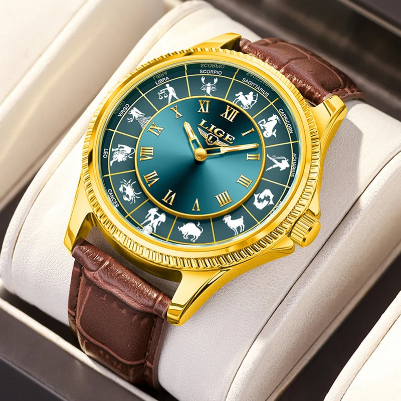 LIGE Zodiac Men Watch Top Brand Luxury Leather Roman Numeral Quartz Watch Men Fashion Business Luminous Wristwatch Gift for Men