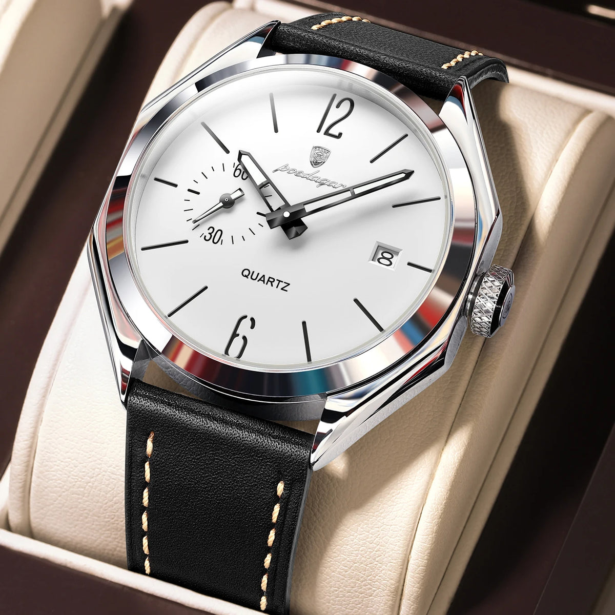 Reloj de pulsera original de cuarzo para hombre POEDAGAR, de piel, para negocios, resistente al agua, con fecha luminosa, reloj elegante para hombre.