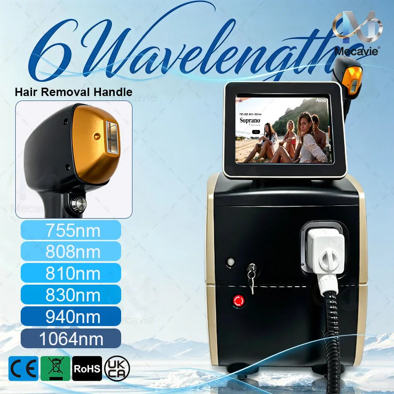 Láser de diodo de 808 nm, máquina de depilación láser de diodo con 6 longitudes de onda, sistema de enfriamiento por hielo, depilación indolora y permanente para salones de belleza.