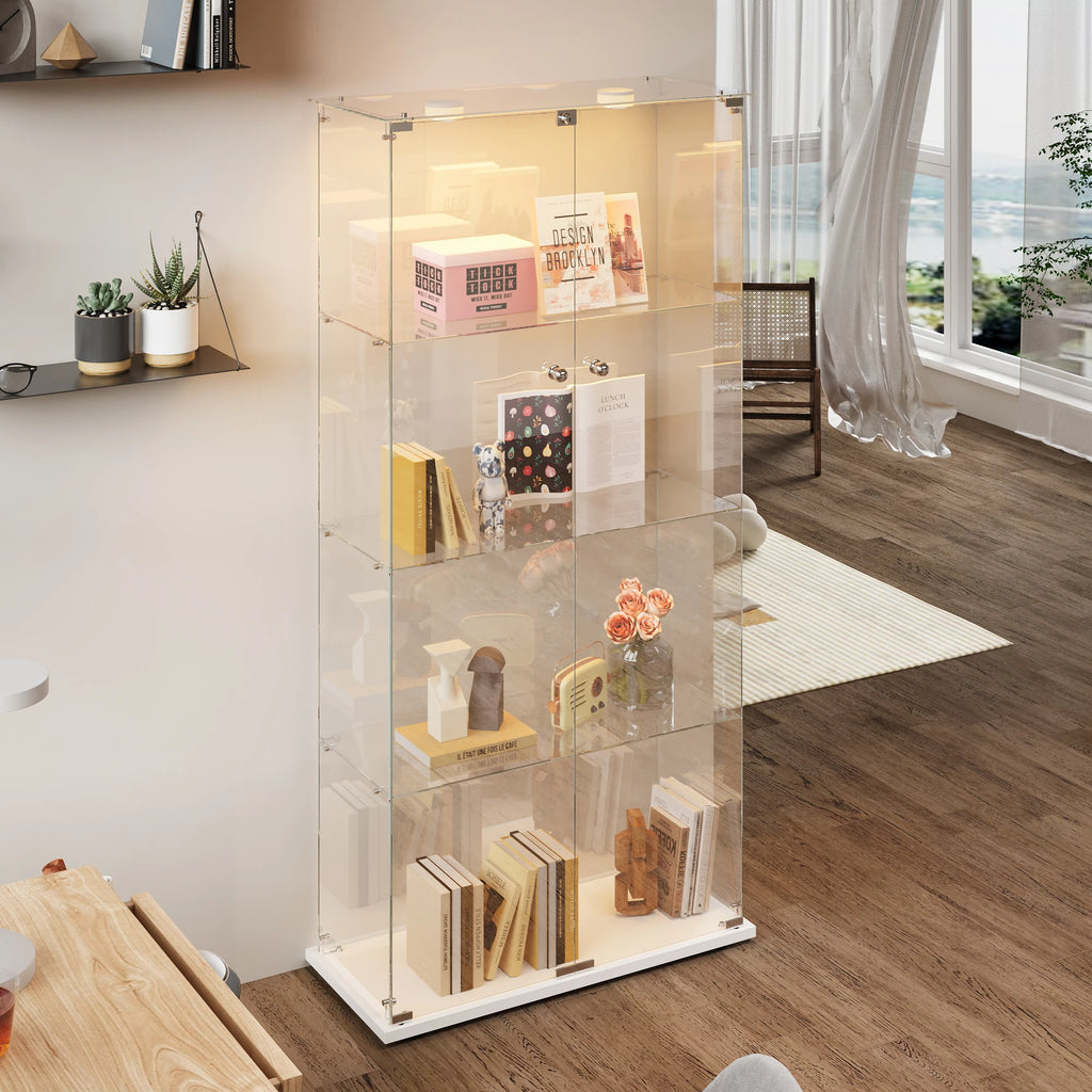 Vitrina de cristal con luces LED, vitrina de exhibición con 4 estantes de cristal y puertas con cerradura, vitrina moderna para coleccionables, libros, figuras, sala de estar, 163 X 80.6 X 36.5 CM