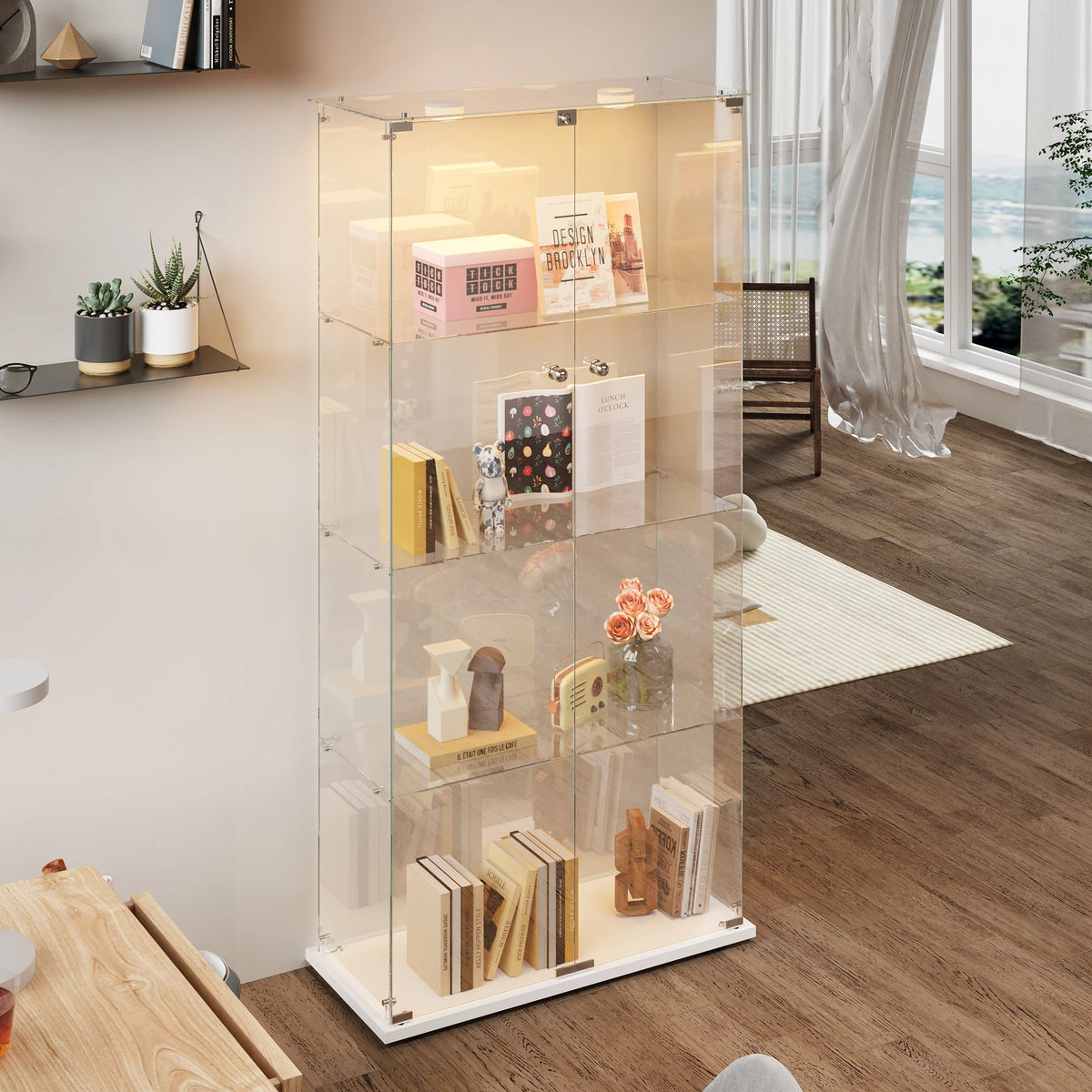 Vitrina de cristal con luces LED, vitrina de exhibición con 4 estantes de cristal y puertas con cerradura, vitrina moderna para coleccionables, libros, figuras, sala de estar, 163 X 80.6 X 36.5 CM