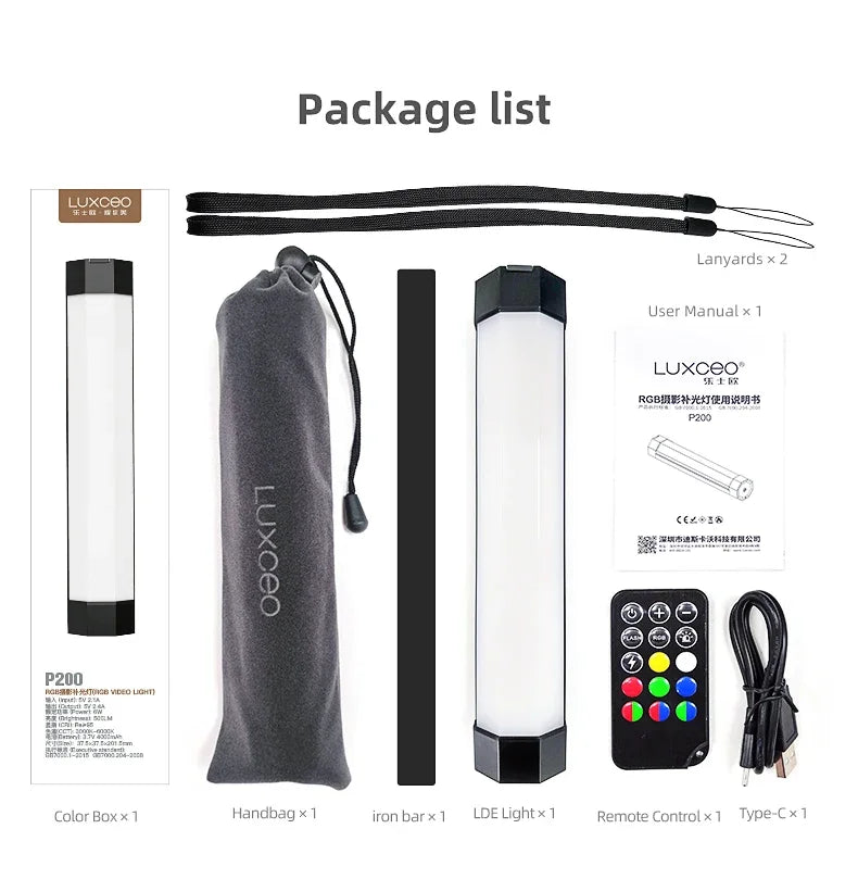 LUXCEO-luces de vídeo P200, lámpara de Control por aplicación de tubo RGB IP67, palo de iluminación LED para fotografía a prueba de lluvia para Tiktok/Vlog/grabación en vivo