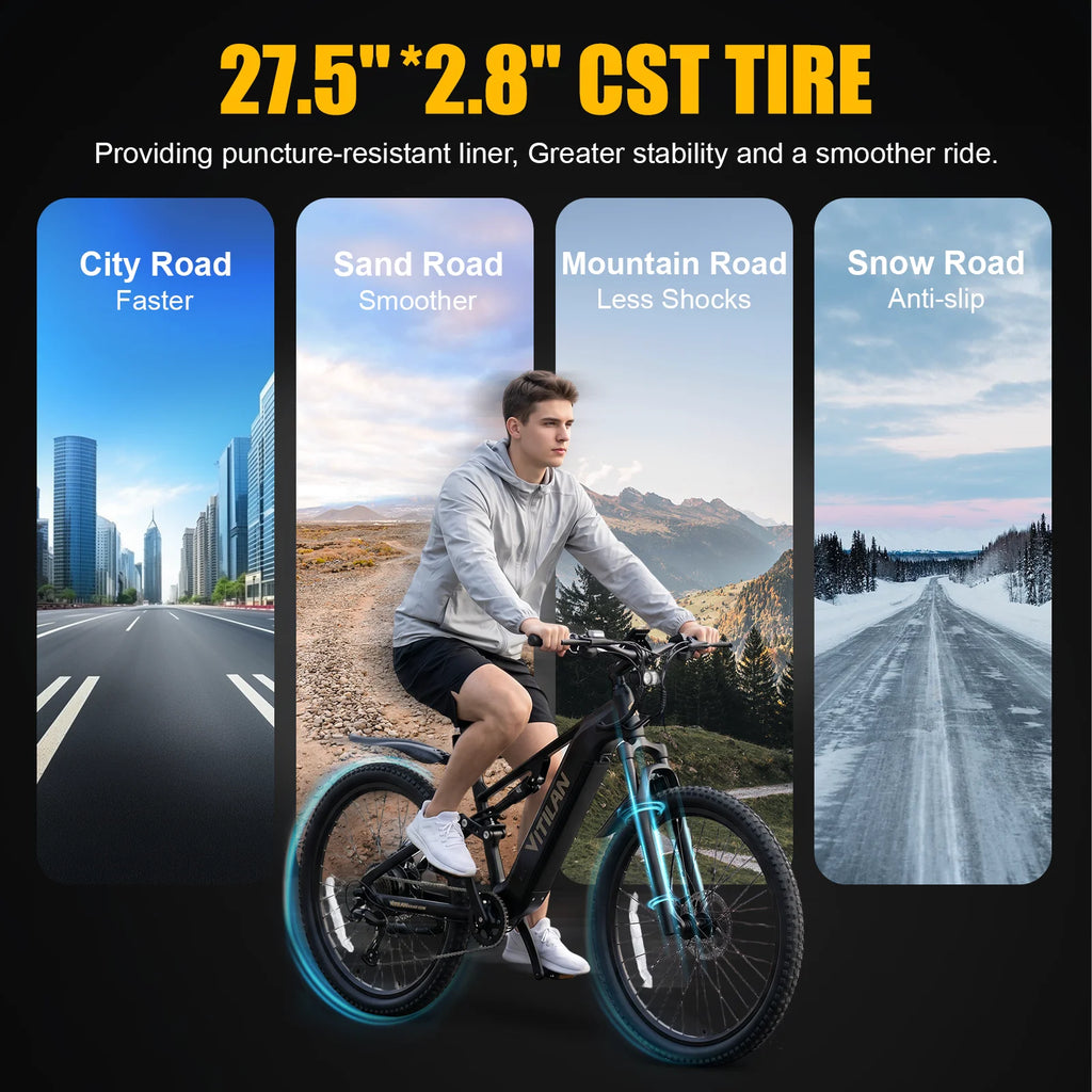 Bicicleta eléctrica Vitilan M5 de 1000W, 48V 15Ah, sensor de par de 90-100Nm, neumáticos de 27.5*2.8 pulgadas, cuadro de aluminio, 9 velocidades, para viajes al aire libre, adultos