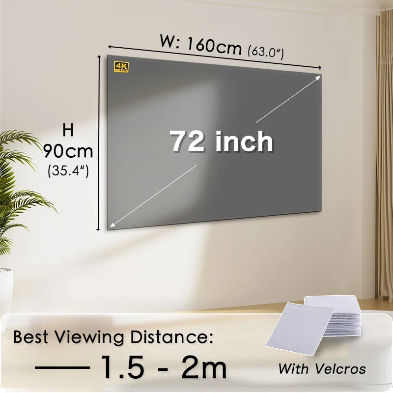 Pantalla de proyector 72 pulgadas 16:9 con velcros, 160×90 cm