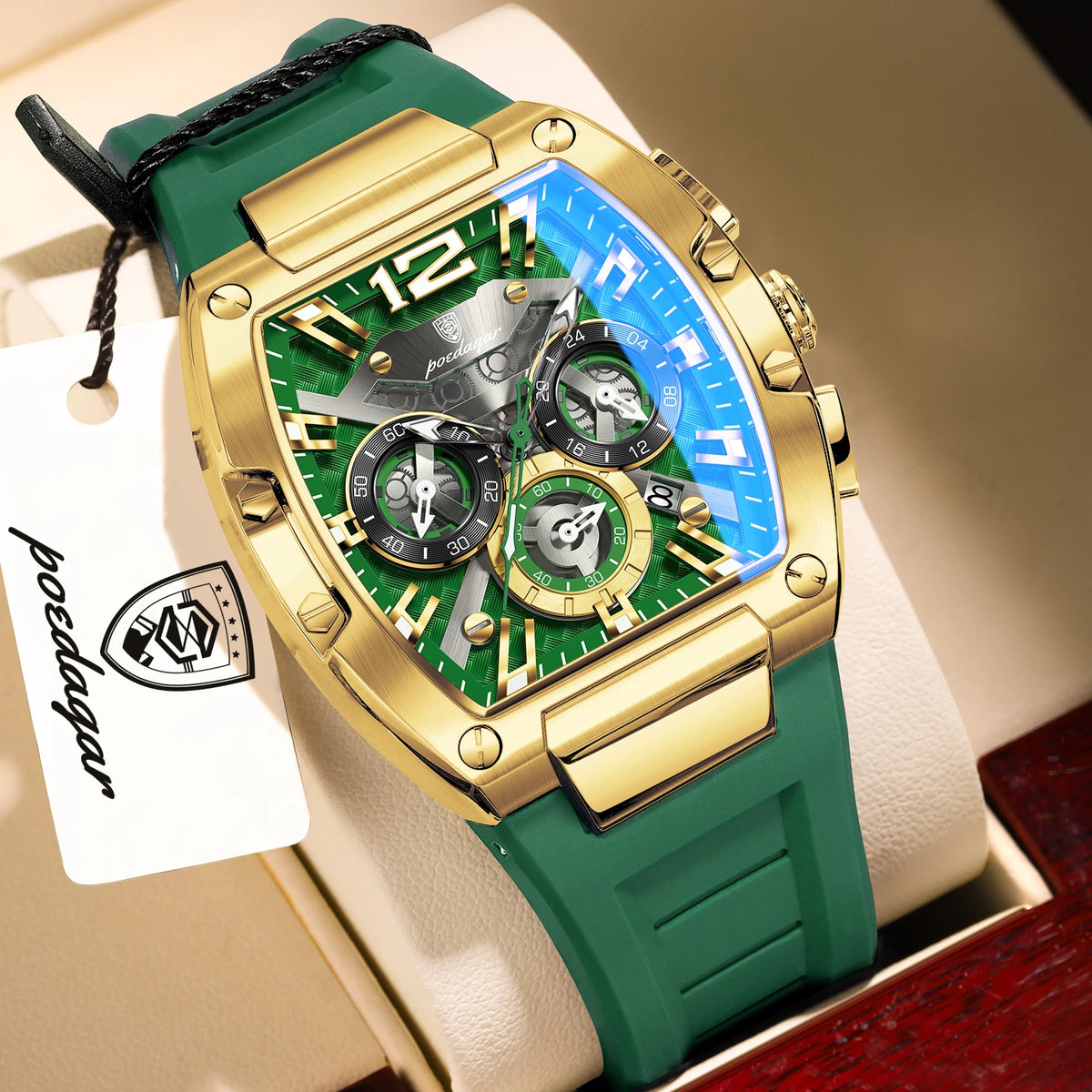 POEDAGAR Reloj de lujo para hombre, cronógrafo de cuarzo con fecha, correa de silicona, luminoso, resistente al agua, reloj deportivo de moda para hombre