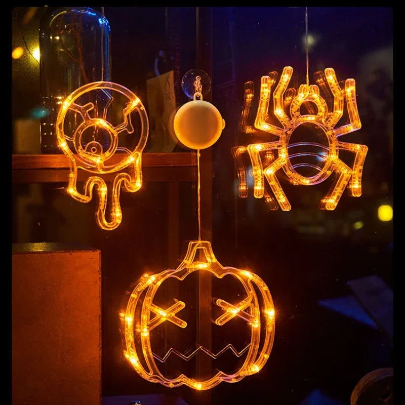 Decoración de Halloween, fantasma de calabaza naranja, luz de ventana de Halloween con ventosa, funciona con pilas, decoración colgante para el hogar de Halloween