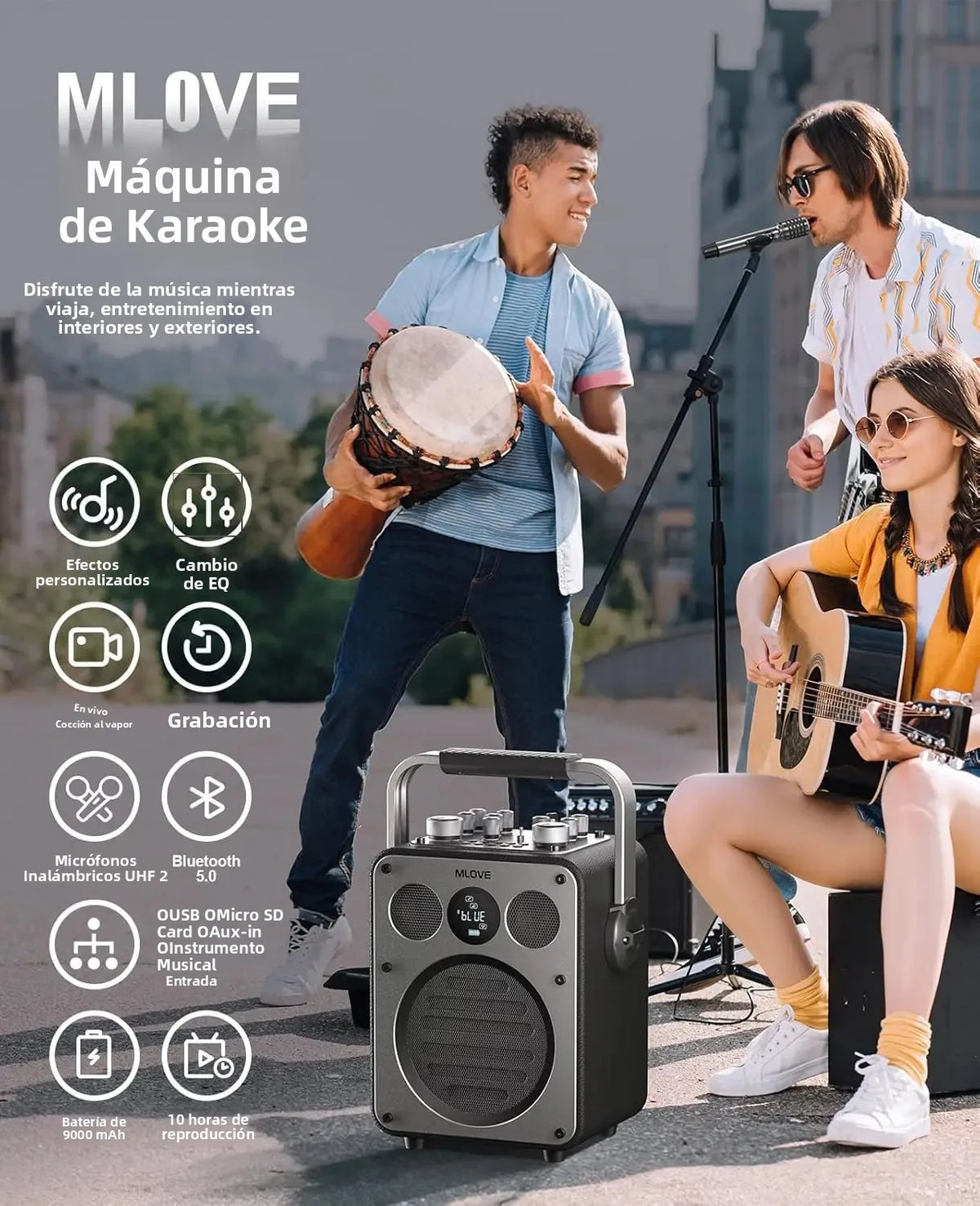 Máquina de Karaoke Profesional MLOVE D5 para Adultos con Bluetooth y 2 Micrófonos Inalámbricos, Altavoz Portátil con Sistema PA, Grabación