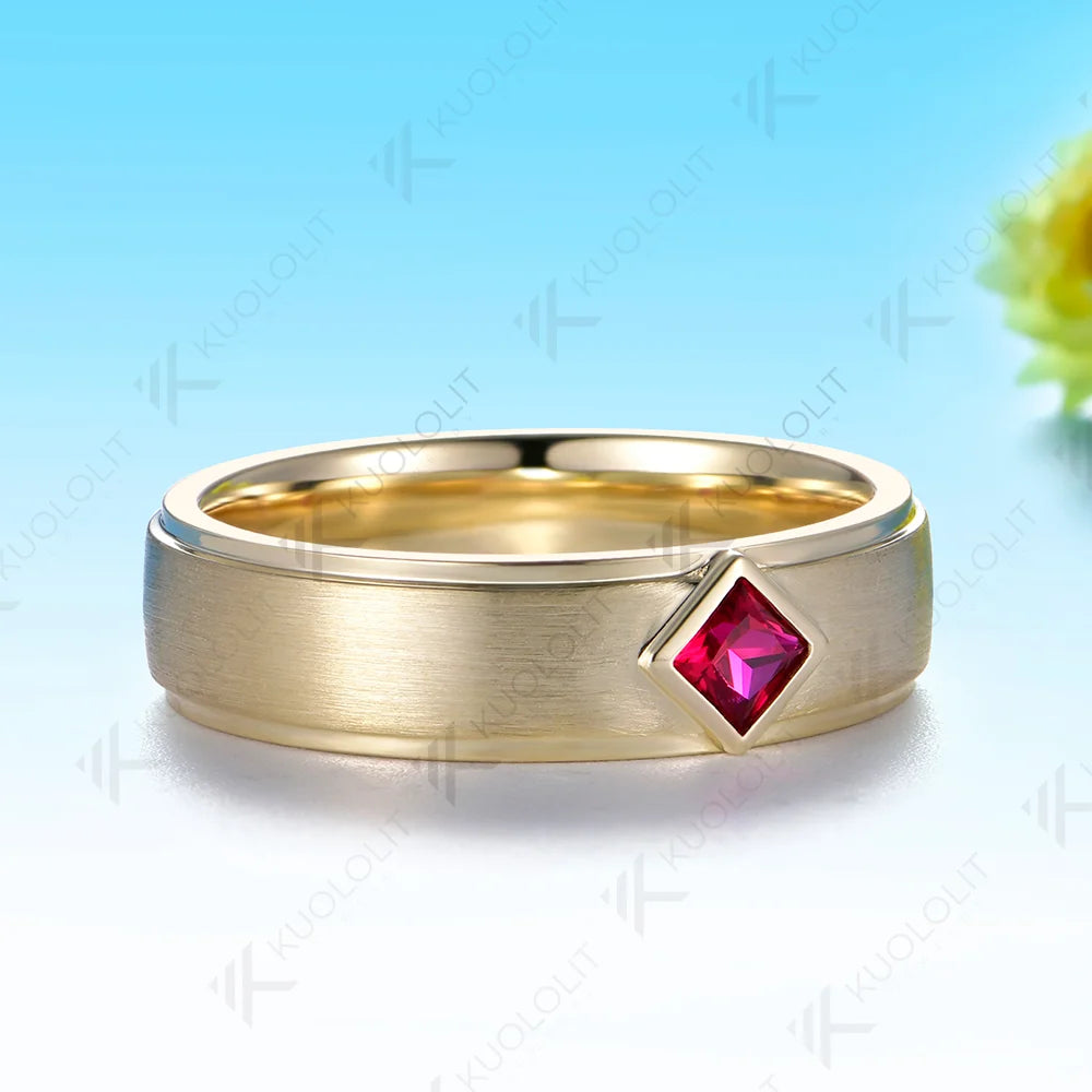 Anillo de Boda Kuololit con Rubí Cultivado en Laboratorio, Personalizado para Mujer y Hombre, Oro Amarillo Sólido de 14K, 10K, 585, 6mm, para Regalos de Navidad y Fiestas