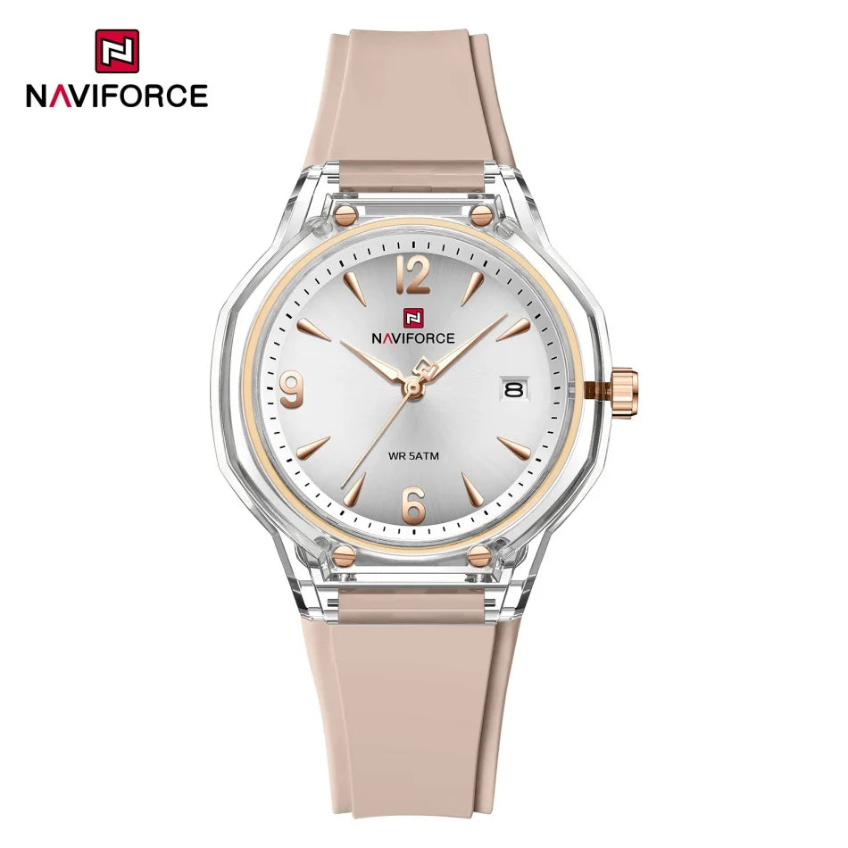 Reloj de moda para mujer NAVIFORCE resistente al agua con pantalla de manecillas luminosas, correa de silicona elegante y brillo nocturno