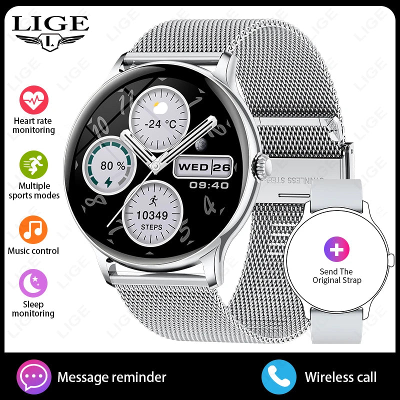 Reloj inteligente LIGE de acero de lujo para hombre, pantalla táctil completa, llamadas Bluetooth, monitor de frecuencia cardíaca y sueño, voz por IA, resistente al agua IP68.