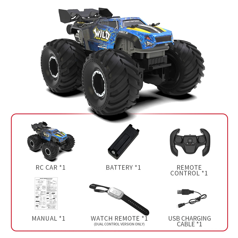Kit de coche RC anfibio azul: coche, control remoto, batería y cable USB de carga