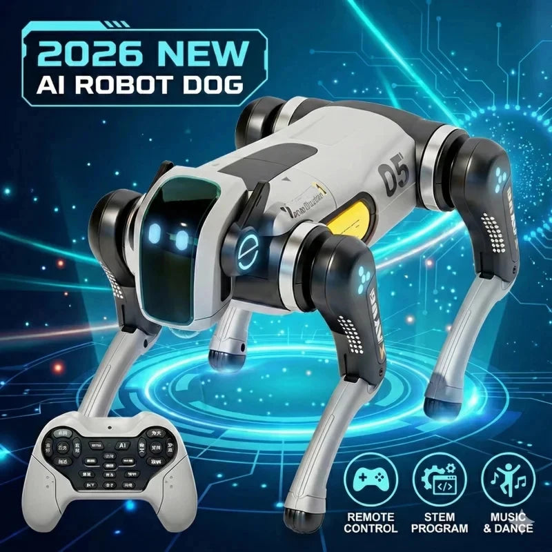 Perro robot AI biónico blanco y negro con patas articuladas y luces azules, mando incluido
