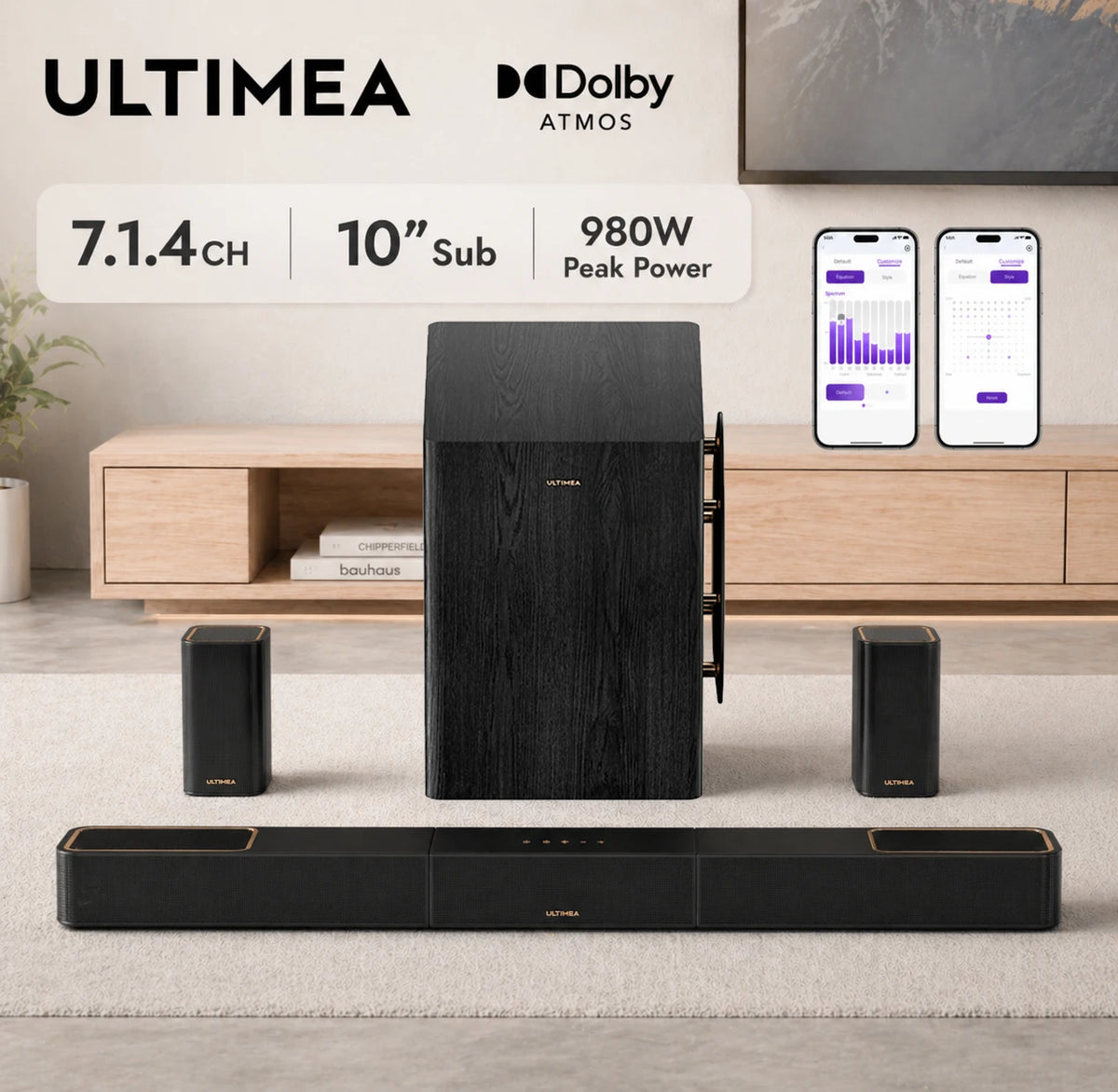 Barra de sonido negra con subwoofer inalámbrico y dos altavoces traseros, 7.1.4