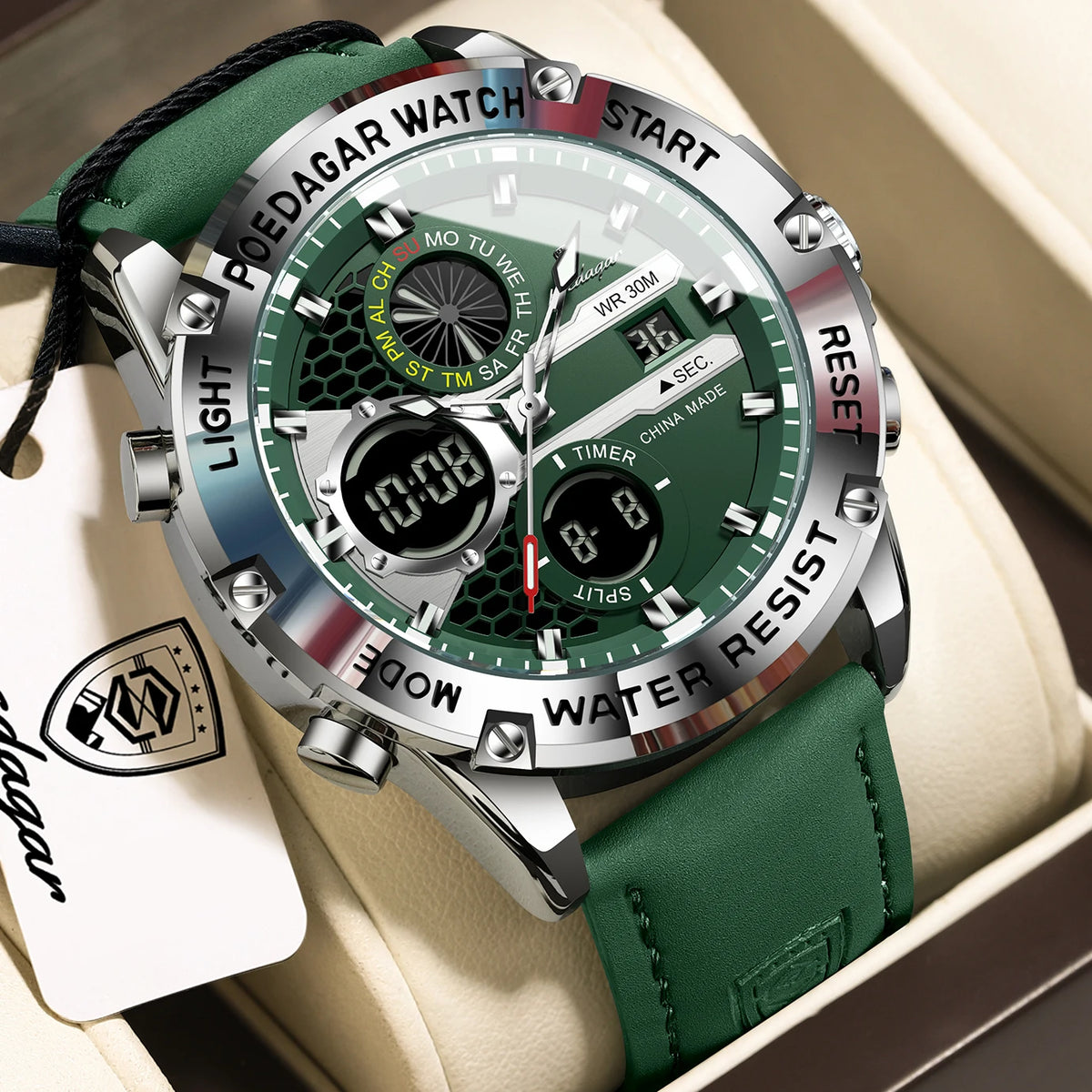 Reloj de hombre POEDAGAR Top Fashion, impermeable, electrónico, LED, de lujo, con pantalla de hora dual, digital, de cuarzo y correa de piel