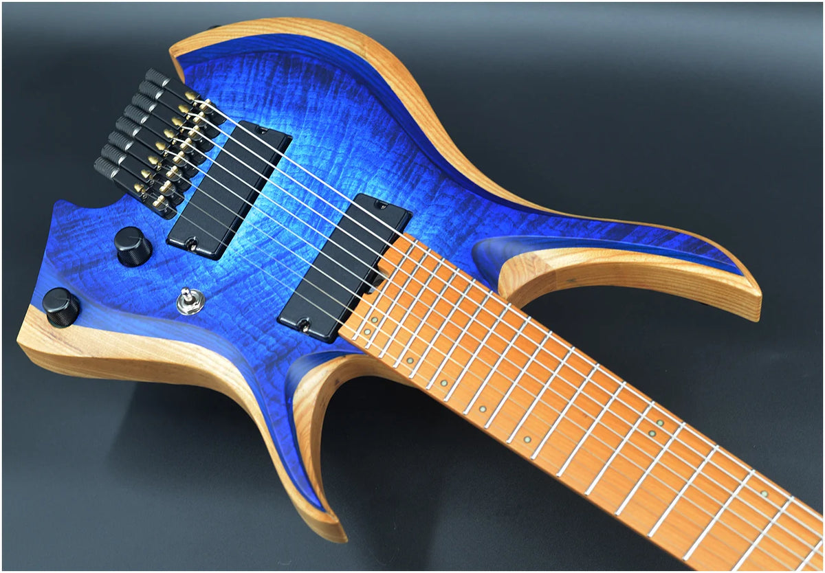 Guitarra NK 2026, con trastes en forma de abanico, 8 cuerdas, cuello con unión en forma de cuña, guitarra eléctrica sin clavijero, color azul brillante, cuello de arce, envío gratuito.