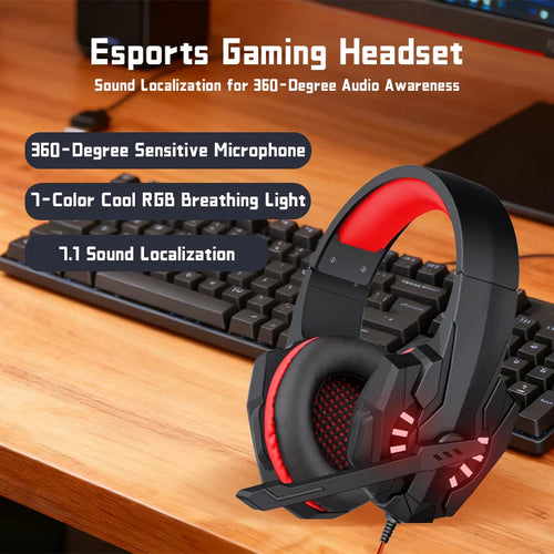 Auriculares gaming con micrófono, negro y rojo, con luz LED RGB y diadema acolchada
