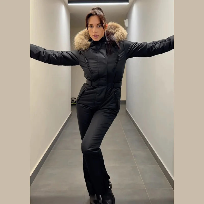Trajes de esquí con capucha para mujer, con cremalleras, cintura ajustada, cálidos y gruesos, para otoño e invierno 2026, ropa de esquí femenina ajustada.