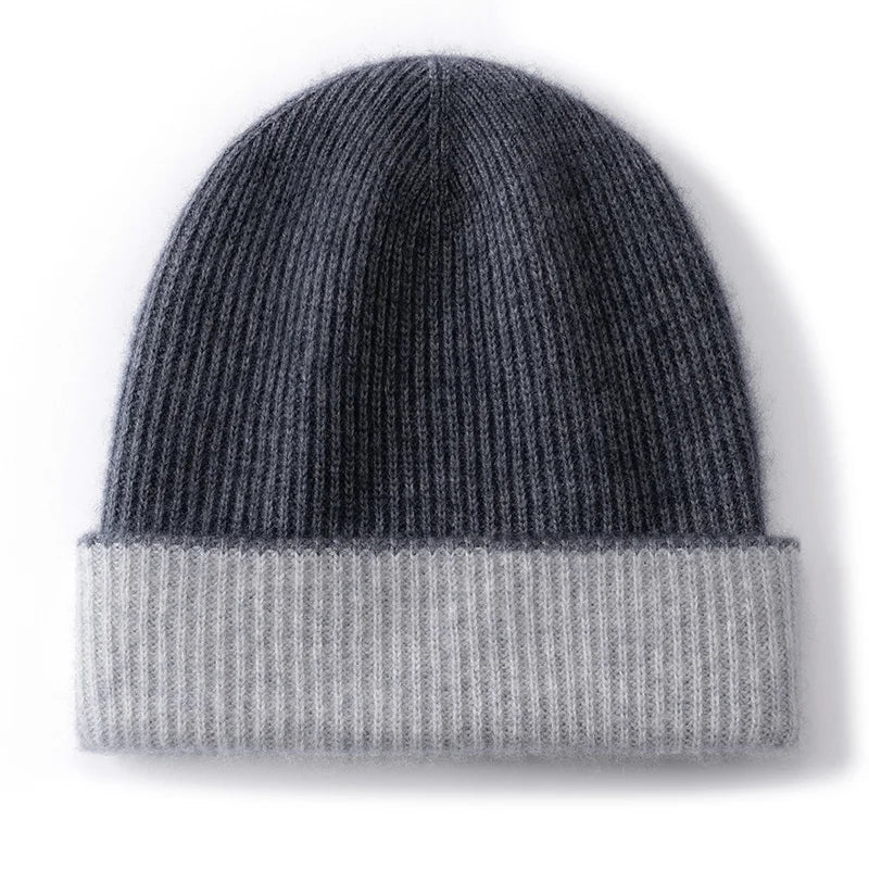 Gorros de invierno para mujer/hombre, gorro de cachemira cálido y casual para exteriores, gorro de punto de dos capas con diseño de patchwork, gorro unisex con borde reforzado.