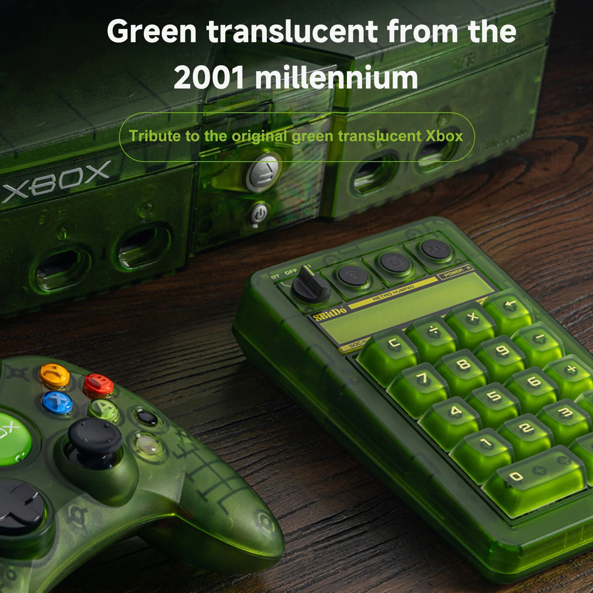 Teclado Numérico Mecánico Retro 18 de 8BitDo, con Licencia Xbox, Transparente Verde, Bluetooth 2.4G, Cableado, Intercambiable en Caliente, Modo Calculadora para Windows