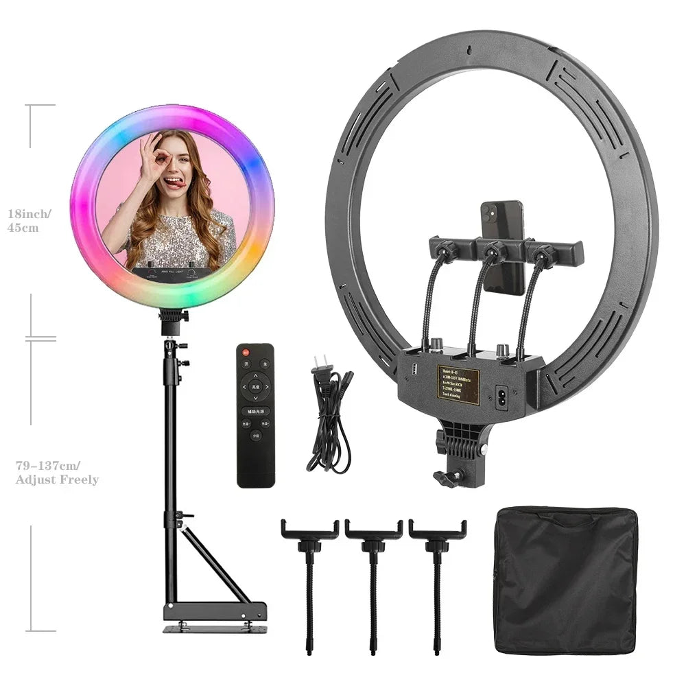 Anillo de Luz LED RGB para Selfies con Trípode, 11 Estilos, 18 Pulgadas (45 cm), Recargable por USB, Regulable, para Estudio Fotográfico