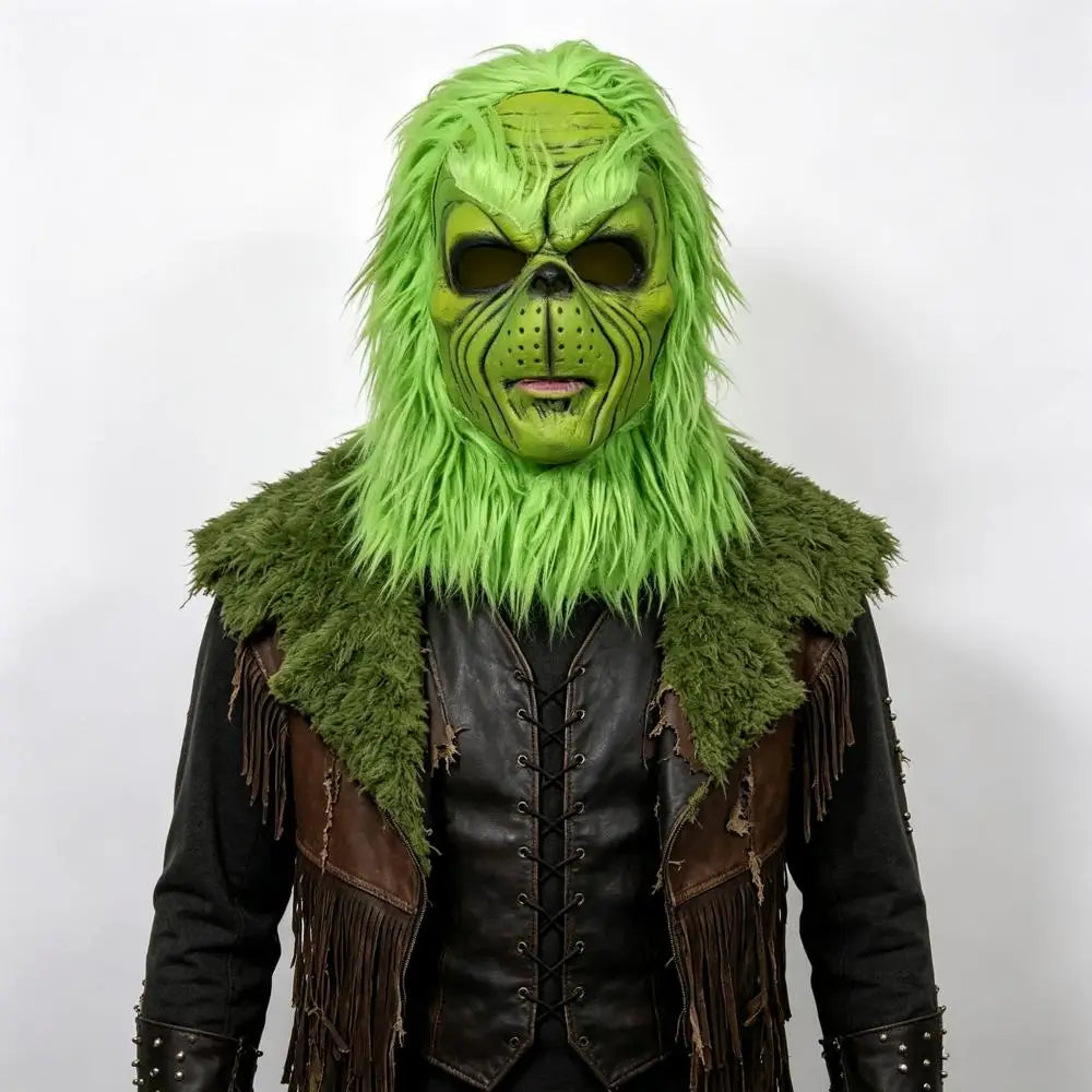 Máscara de monstruo verde de lujo, guantes de piel sintética, máscara de Papá Noel para cosplay, accesorio de disfraz de Halloween y Navidad para un atuendo de Papá Noel.