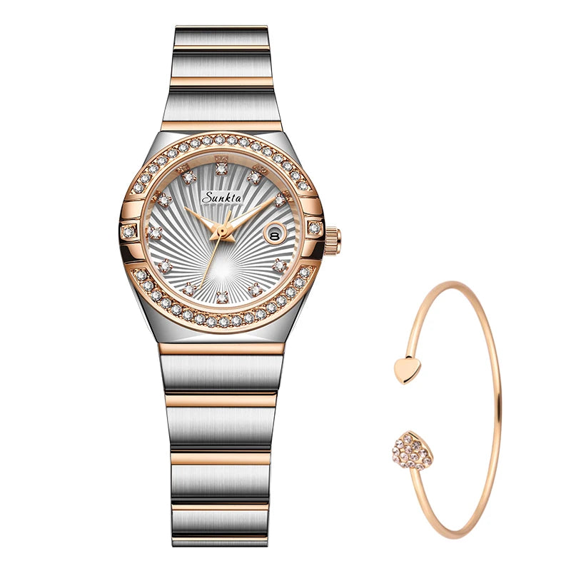 Reloj de mujer Sunkta LIGE de moda, lujo, elegante, retro, con diamantes, sencillo, de acero inoxidable, resistente al agua, casual, con calendario, de cuarzo para mujer