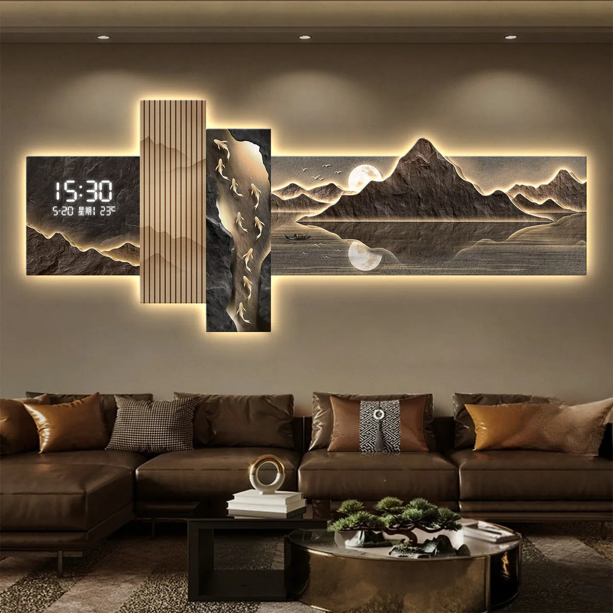 Conjunto de cuadros LED con montañas y reloj digital 15:30