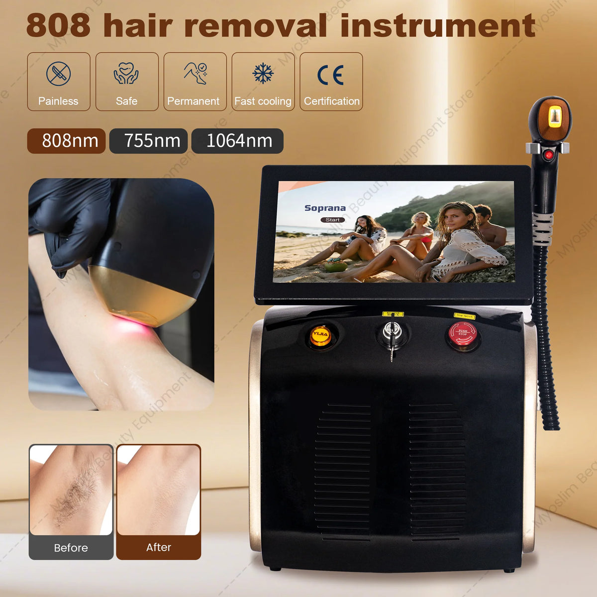 Máquina de Depilación Láser de Diodo de Titanio de 808 nm con Tecnología de 3 Longitudes de Onda, Equipo de Belleza para Depilación